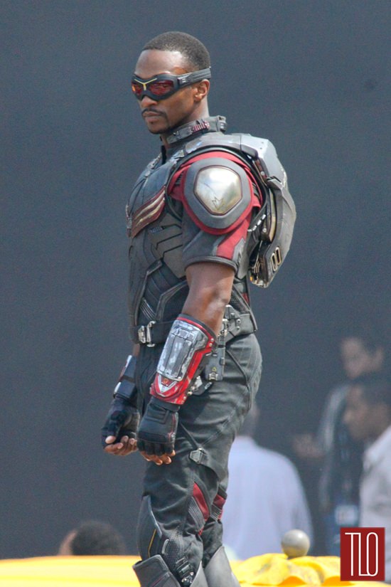 Anthony Mackie on the Set of "Captain America: Civil War" .