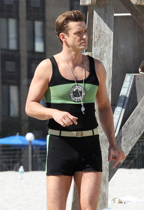 52176407 Singer turned actor Justin Timberlake films scenes as a 1950's lifeguard on the set of Woody Allen's latest Untitled Project filming on a beach in New York City, New York on September 16, 2016. FameFlynet, Inc - Beverly Hills, CA, USA - +1 (310) 505-9876