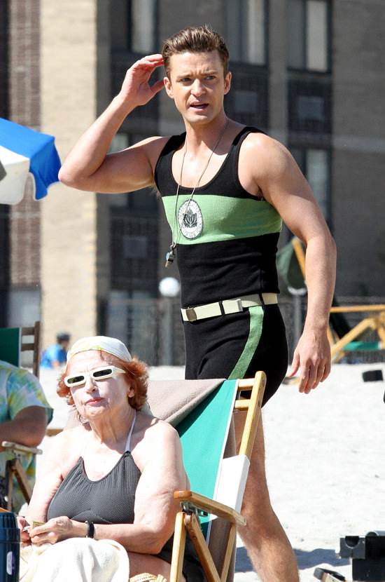 52176405 Singer turned actor Justin Timberlake films scenes as a 1950's lifeguard on the set of Woody Allen's latest Untitled Project filming on a beach in New York City, New York on September 16, 2016. FameFlynet, Inc - Beverly Hills, CA, USA - +1 (310) 505-9876