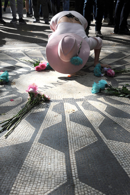 October 24, 2016: Lady Gaga places flowers on black and white Imagine mosaic at Strawberry Fields in Central Park, New York City.Mandatory Credit: Kristin Callahan/ACE/INFphoto.com Ref: infusny-220