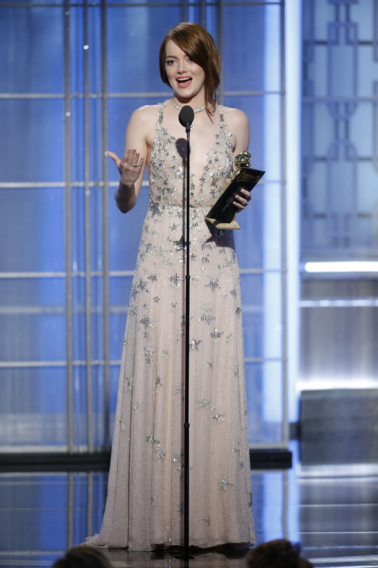 74th ANNUAL GOLDEN GLOBE AWARDS -- Pictured: Emma Stone, Winner, Best Actress, Motion Picture - Musical or Comedy, at the 74th Annual Golden Globe Awards held at the Beverly Hilton Hotel on January 8, 2017 -- (Photo by: Paul Drinkwater/NBC)