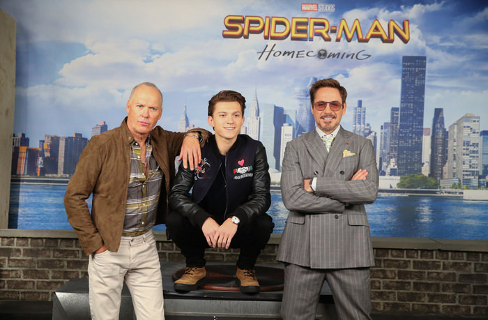Michael Keaton, Tom Holland and Robert Downey Jr. at the â€œSpider-Man:  Homecomingâ€ NYC Photocall | Tom + Lorenzo