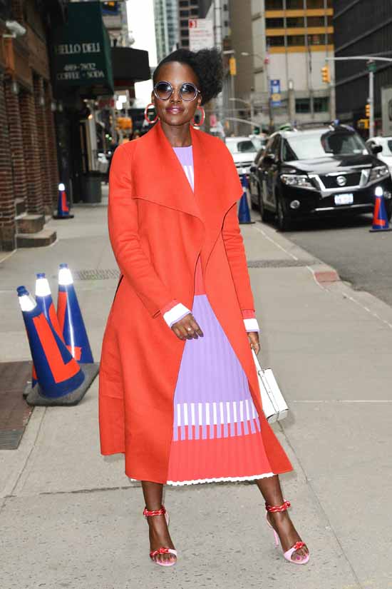 Splurge: Lupita Nyong'o's The Late Show With Stephen Colbert Alessandra  Rich Fall 2015 Pinstripe Jumpsuit and ZAC Zac Posen Eartha Iconic Soft Top  Handle Bag, The Fashion Bomb Blog