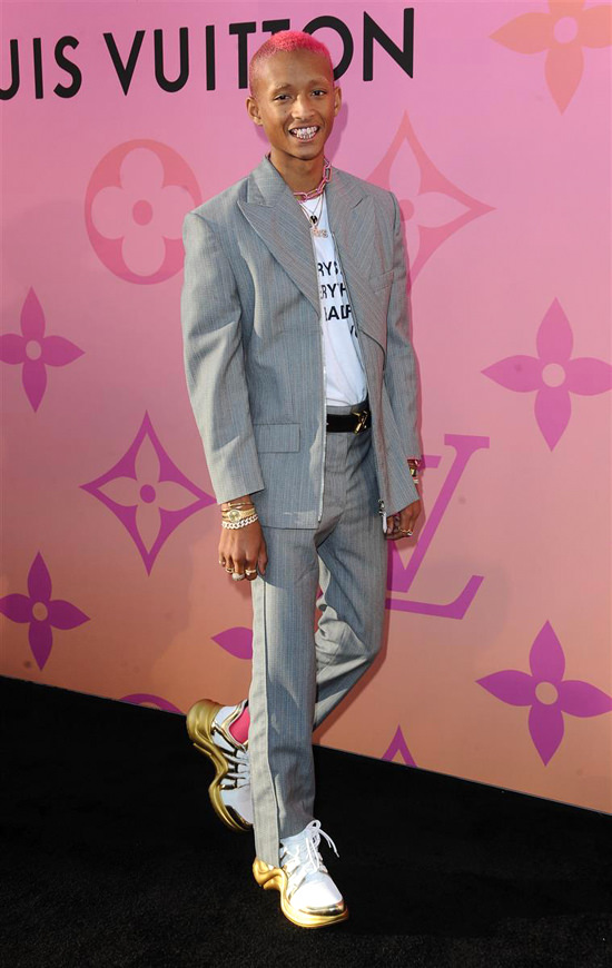 jaden smith pink hair bleached brows louis vuitton x party