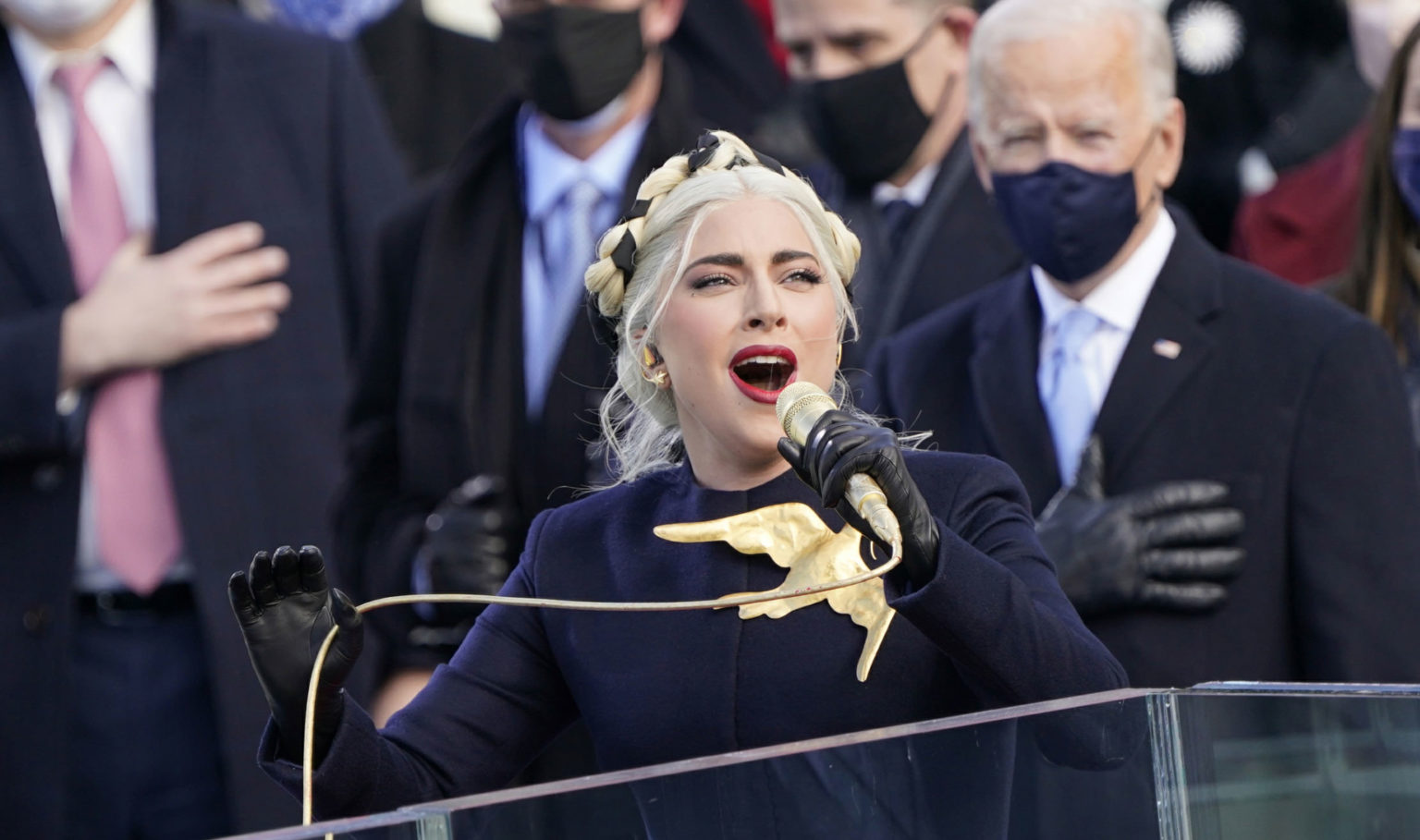 Lady Gaga Sings The National Anthem At The Inauguration Of President Joe Biden In Schiaparelli 