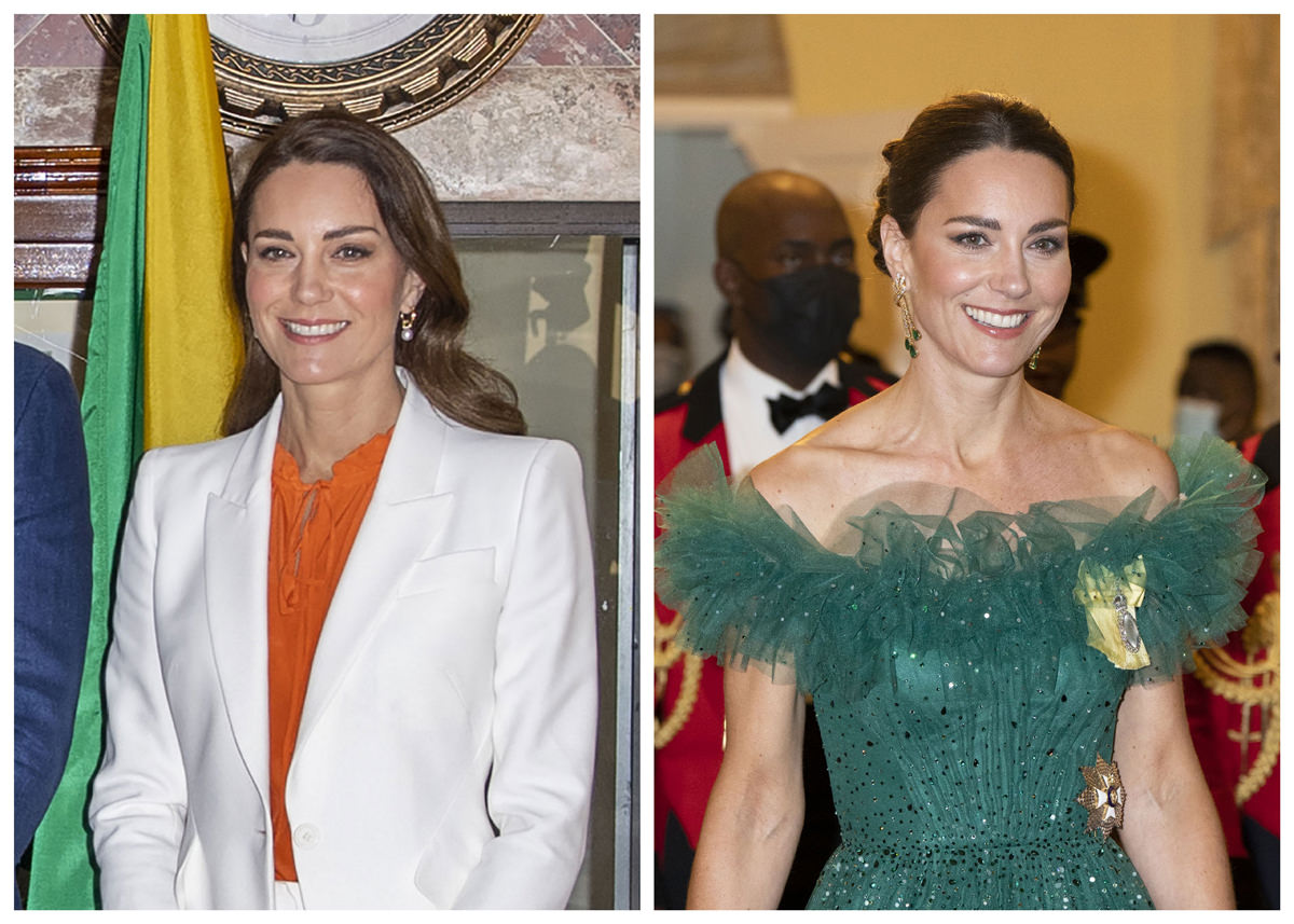 Kate Middleton in Glittering Green Gown & Queen's Jewels for Jamaica  Reception