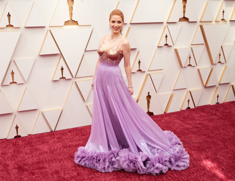 Oscars 2022 THE EYES OF TAMMY FAYE Star Jessica Chastain in Gucci