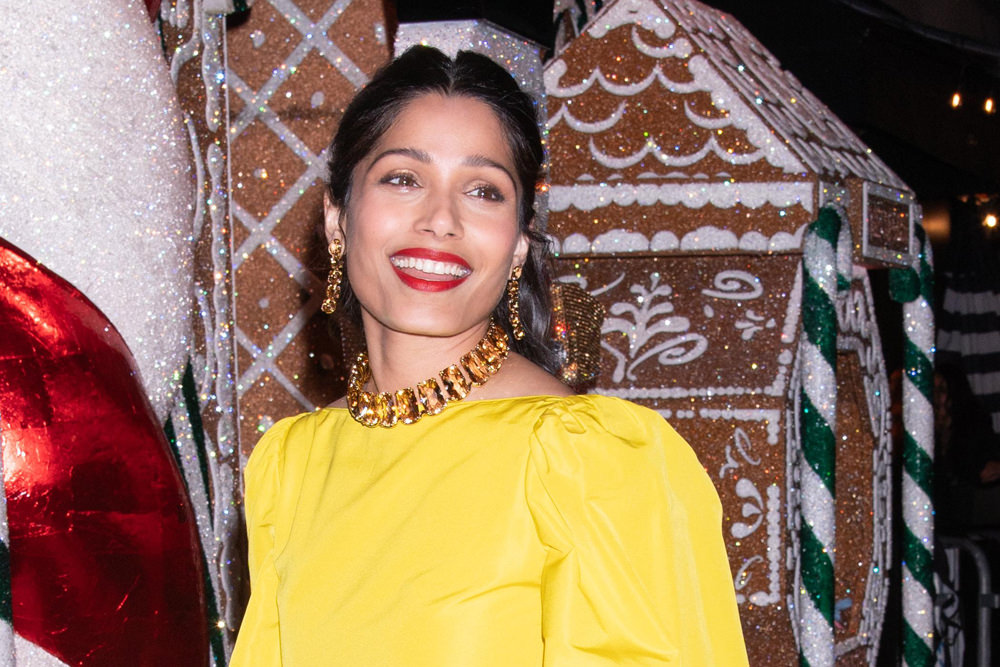 Freida Pinto in Valentino at Swarovski's Unveiling of Holiday Facade at