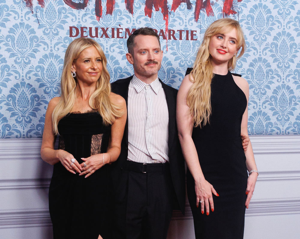 Sarah Michelle Gellar, Elijah Wood and Kathryn Newton at the READY OR NOT 2: HERE I COME Paris Premiere